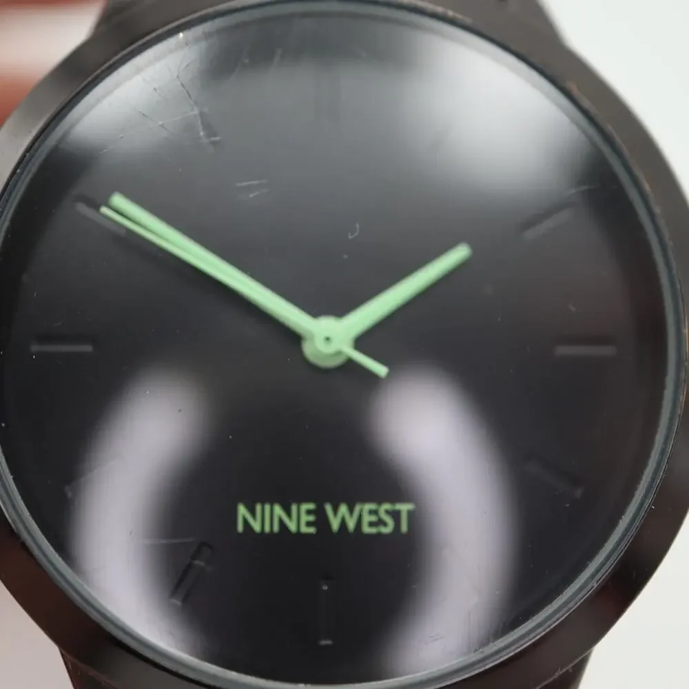 Nine West Black Green Tone Womens Watch 36mm Metal Bracelet with New Battery